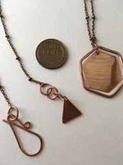 recycled copper upcycled brass drum cymbal double hexagon necklace triangle clasp simple wealth