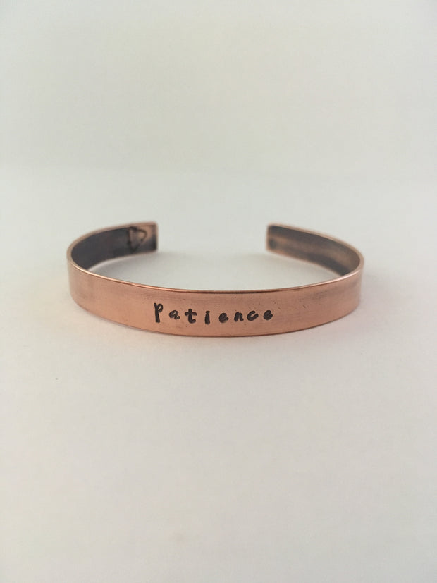 patience recycled copper mantra cuff upcycled plumbing pipe affirmation cuff