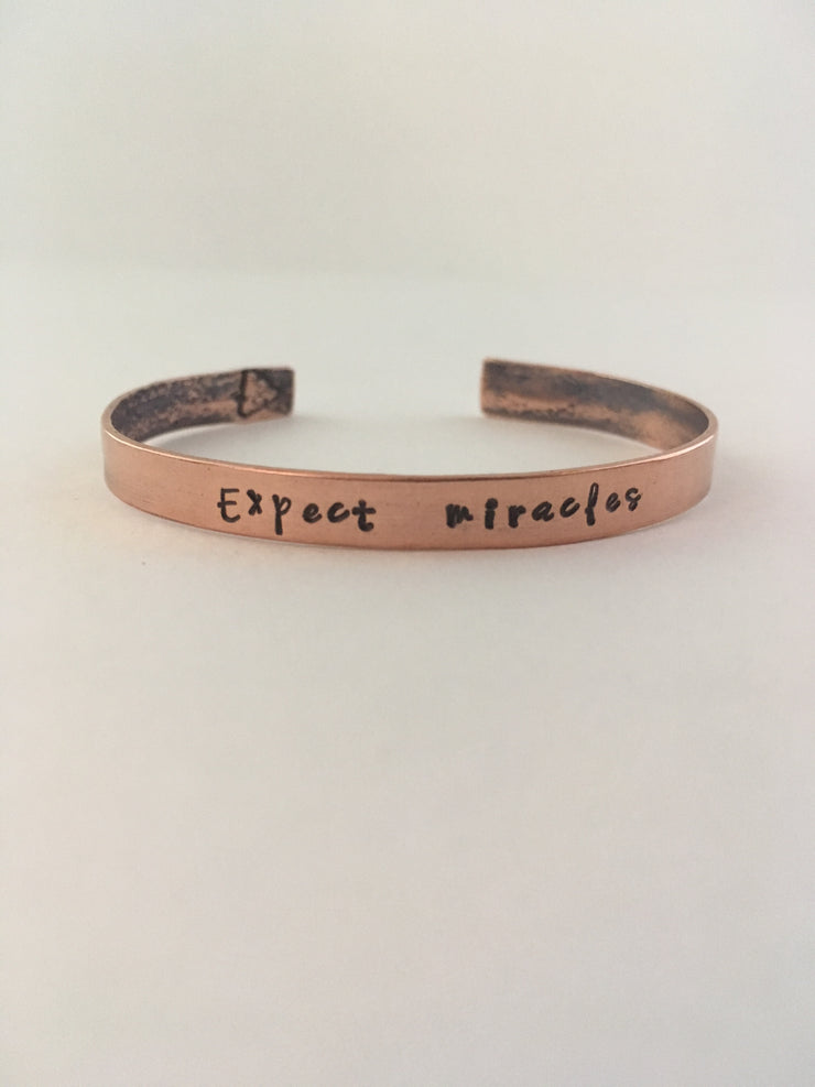 expect miracles hand stamped recycled copper mantra cuff upcycled pipe simple wealth gabby bernstein