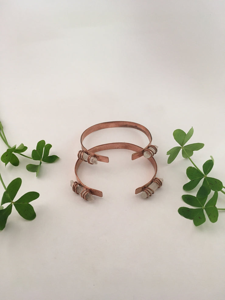 Double Quartz Point and Recycled Copper Cuff Bracelet