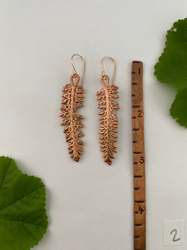yarrow leaves electroplated recycled copper handmade 14 karat rose gold fill ear wire made is usa simple wealth art