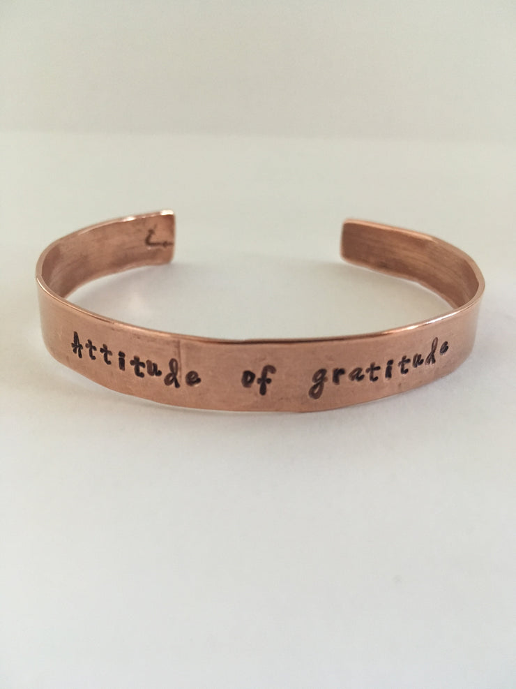 Attitude of grattitude recycled copper mantra bracelet