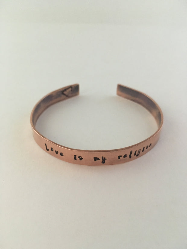 love is my religion recycled copper affirmation cuff plumbing pipe simple wealth