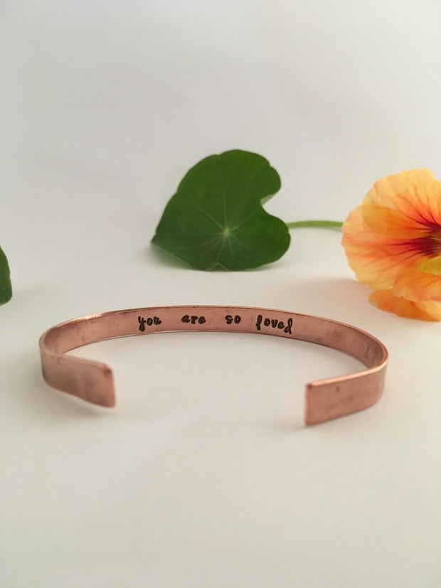 you are so loved recycled copper mantra cuff secret message cuff simple wealth made in usa