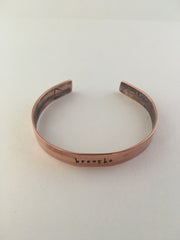 breathe recycled copper hand stamped mantra cuff