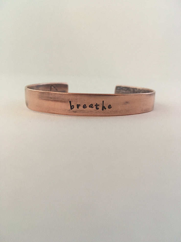 breathe recycled copper hand stamped mantra cuff