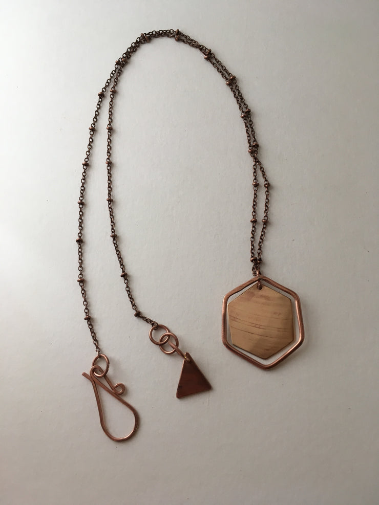 recycled copper upcycled brass drum cymbal double hexagon necklace triangle clasp simple wealth