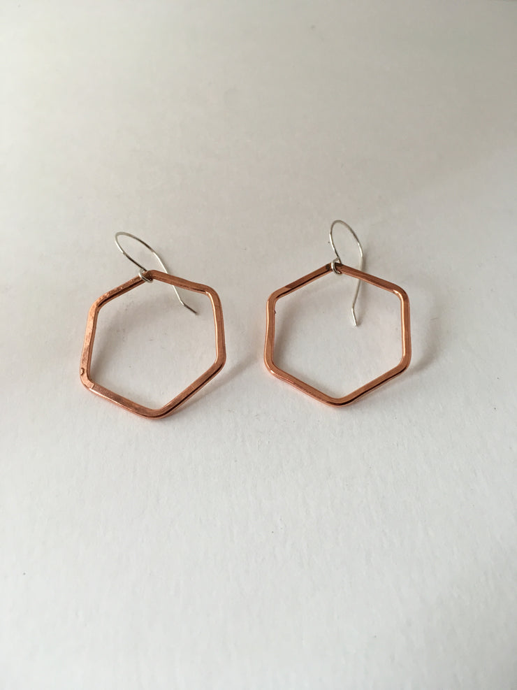 recycled copper hexagon earrings sterling silver simple wealth