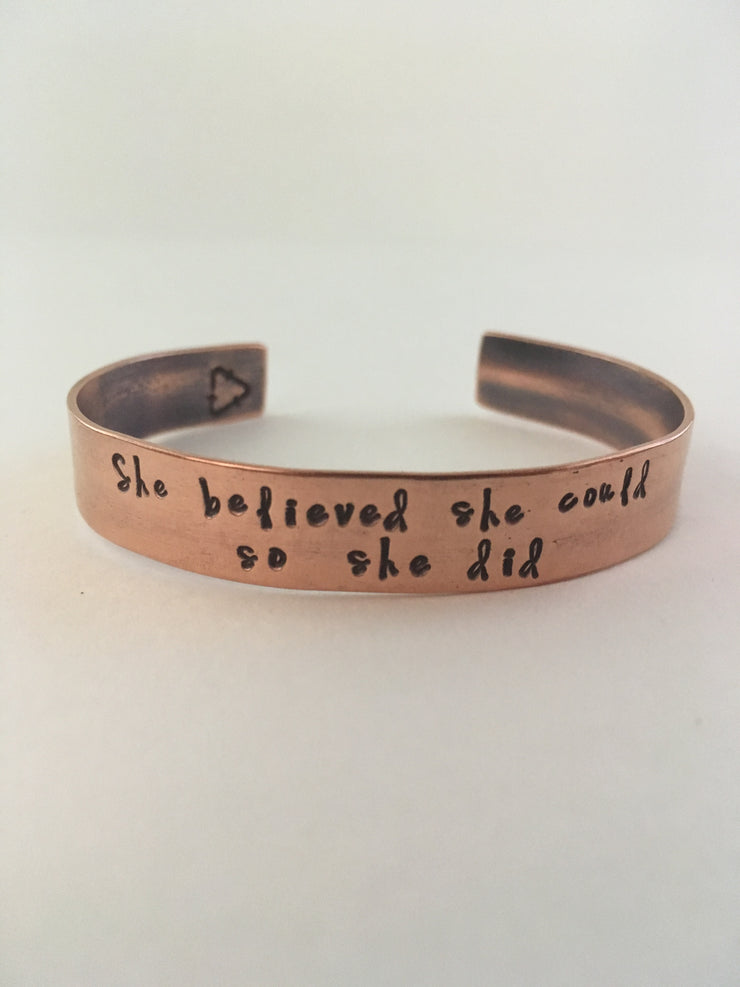 she believed she could so she did recycled copper hand stamped mantra cuff upcycled plumbing pipe affirmation bracelet
