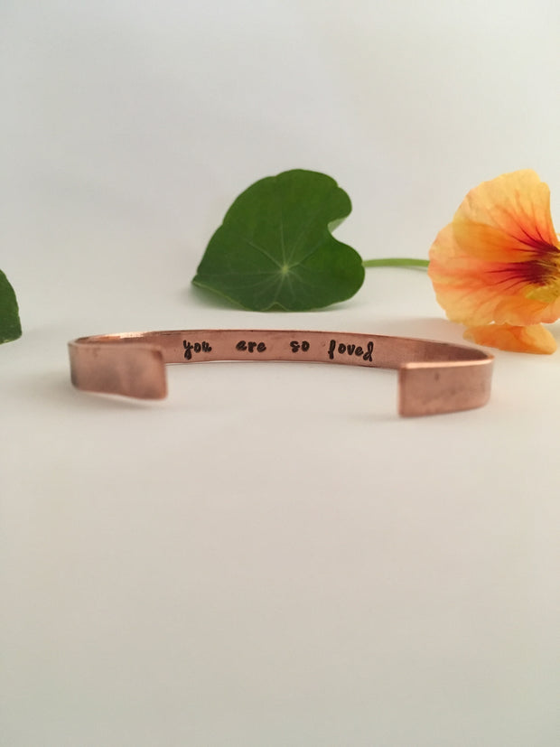 you are so loved recycled copper mantra cuff secret message cuff simple wealth made in usa