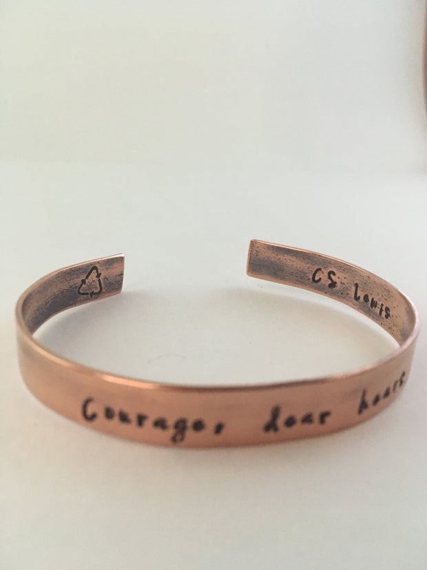 recycled copper courage dear heart c. s. lewis quote mantra bracelet simple wealth