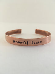 grateful heart recycled copper mantra cuff upcycled plumbing pipe bracelet