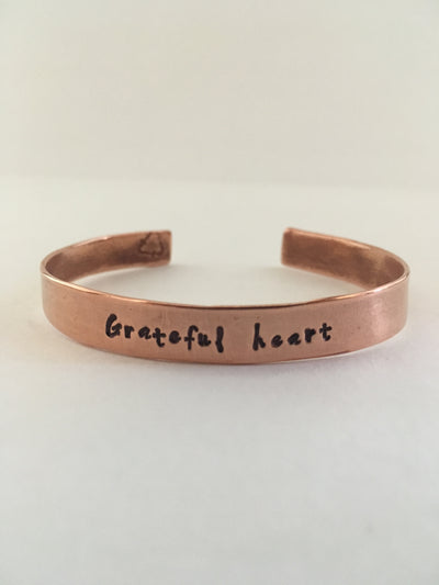 grateful heart recycled copper mantra cuff upcycled plumbing pipe bracelet