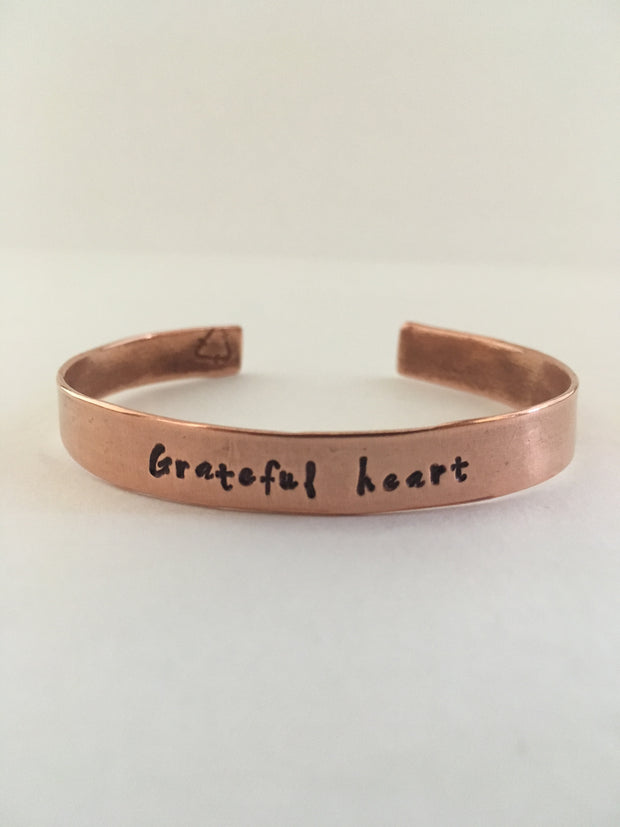 grateful heart recycled copper mantra cuff upcycled plumbing pipe bracelet