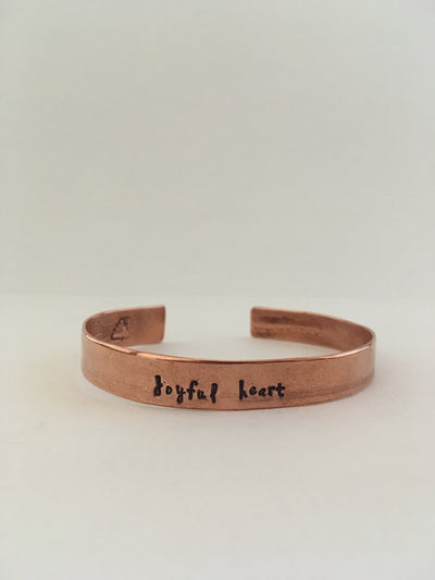 joyful heart mantra recycled copper affirmation bracelet upcycled plumbing pipe cuff