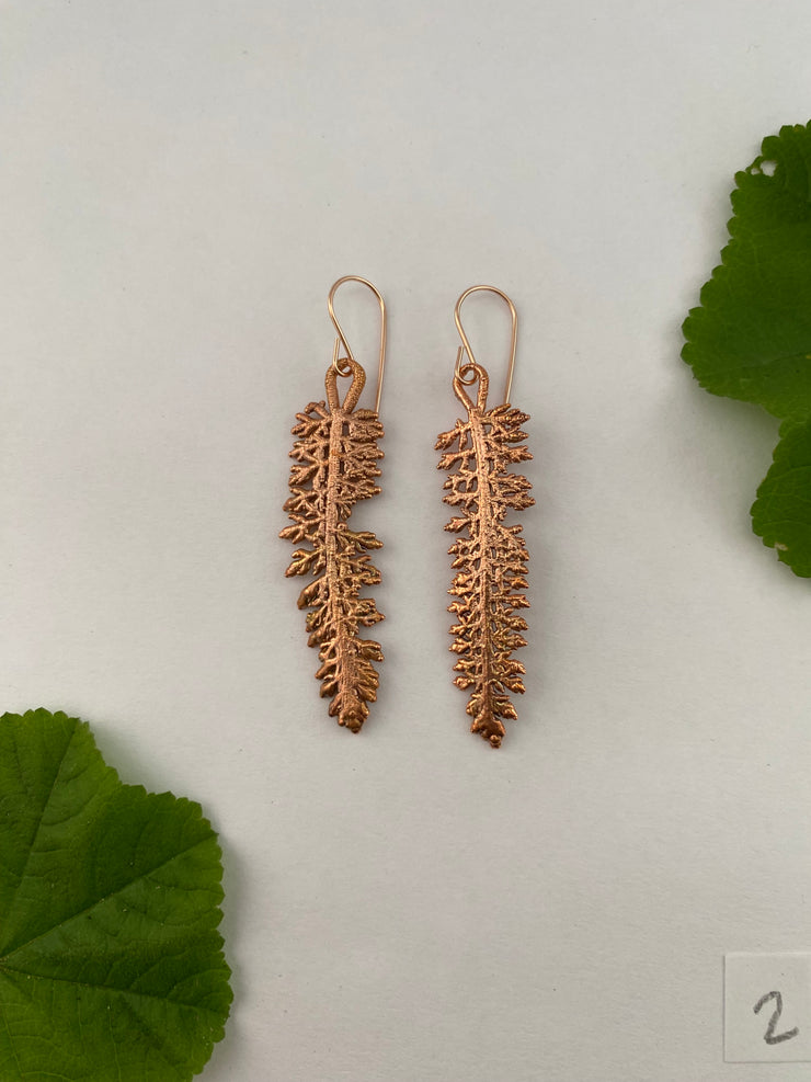 yarrow leaves electroplated recycled copper handmade 14 karat rose gold fill ear wire made is usa simple wealth art
