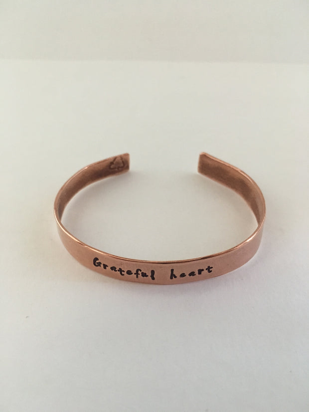 grateful heart recycled copper mantra cuff upcycled plumbing pipe bracelet