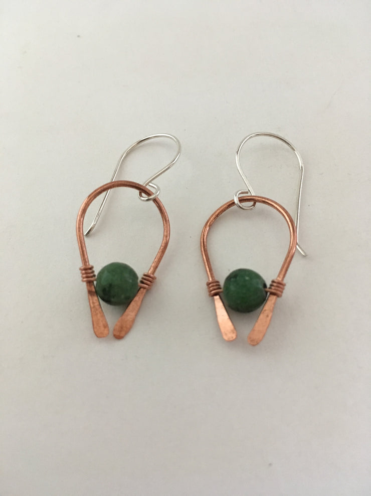ruby zoisite gemstone arch recycled copper earring simple wealth art made in usa wire wrap sterling silver