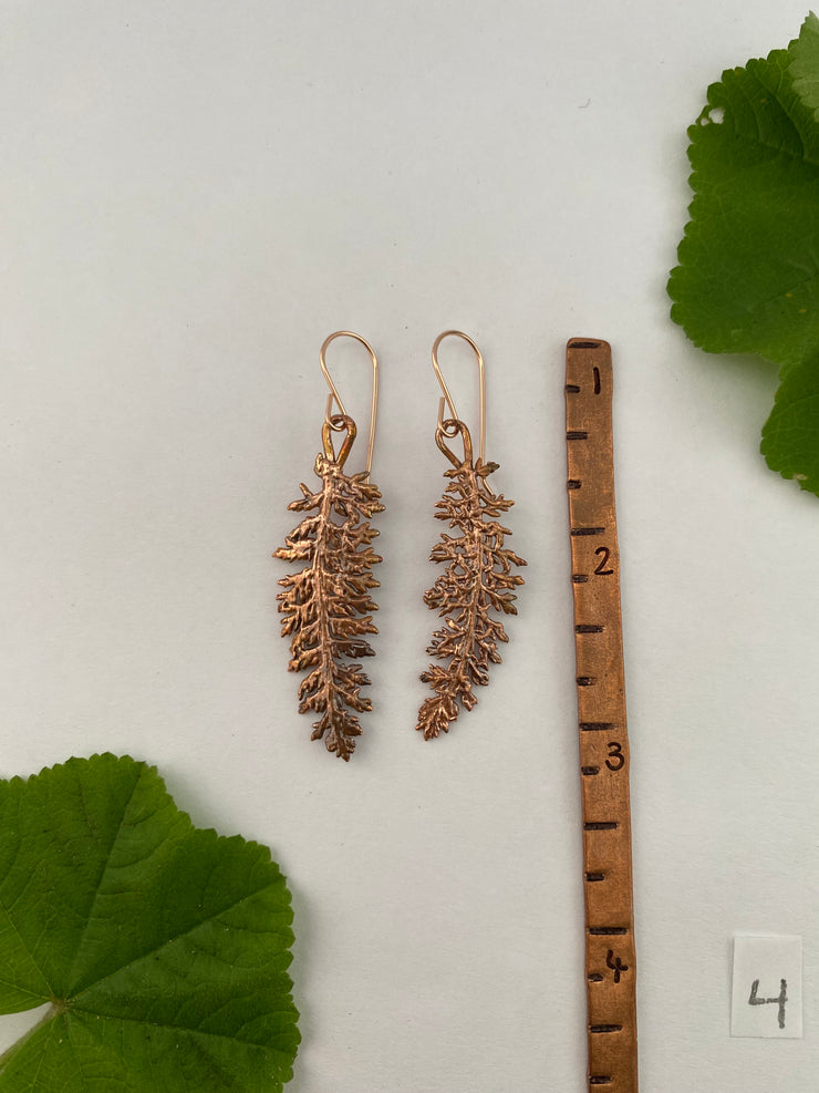 yarrow leaves electroplated recycled copper handmade 14 karat rose gold fill ear wire made is usa simple wealth art