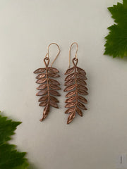 recycled copper electroformed jacaranda mimosafolia leaf earrings simple wealth art made in usa