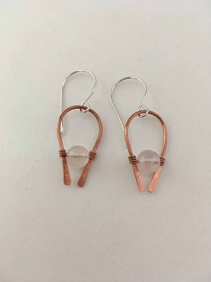 rose quartz gemstone arch recycled copper earring simple wealth art made in usa wire wrap sterling silver