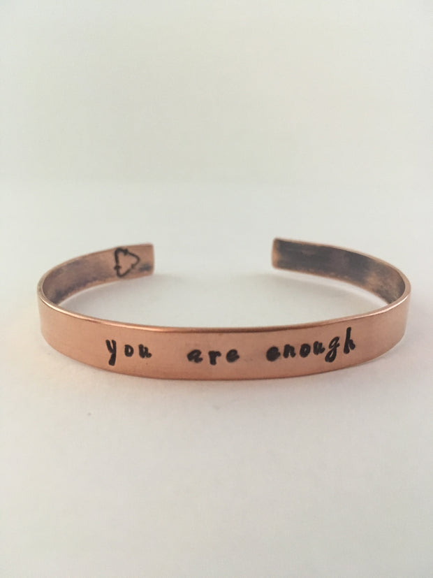 you are enough recycled copper mantra cuff upcycled plumbing pipe affirmation bracelet simple wealth art