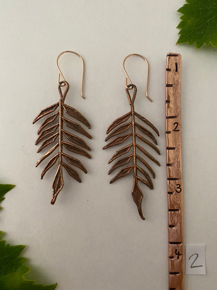 recycled copper electroformed jacaranda mimosafolia leaf earrings simple wealth art made in usa