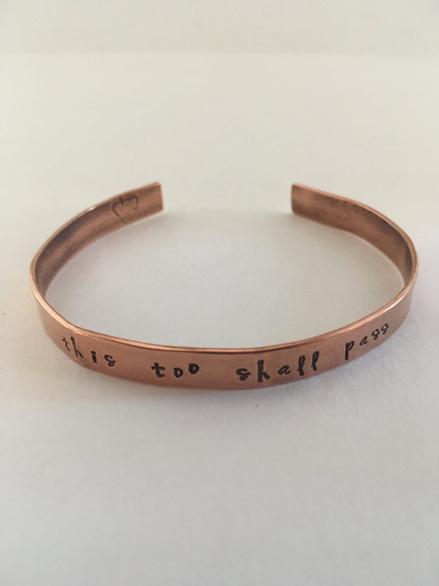 this too shall pass recycled copper manta cuff affirmation bracelet simple wealth art