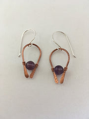 amethyst gemstone arch recycled copper earring simple wealth art made in usa wire wrap sterling silver
