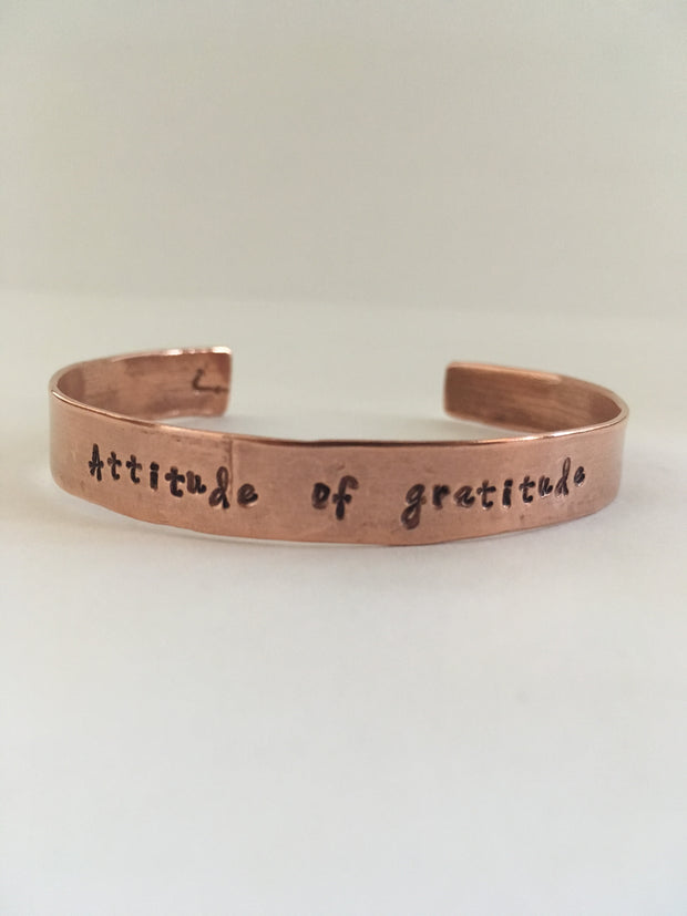 attitude of grattitude hand stamped recycled copper mantra bracelet