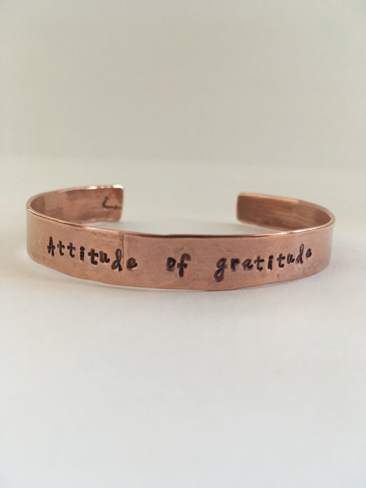 attitude of grattitude hand stamped recycled copper mantra bracelet
