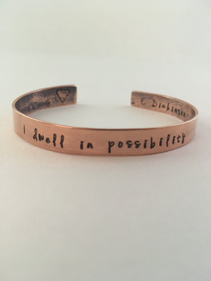 I dwell in possibility Recycled Copper mantra cuff upcycled plumbing pipe affirmation bracelet