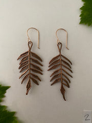 recycled copper electroformed jacaranda mimosafolia leaf earrings simple wealth art made in usa