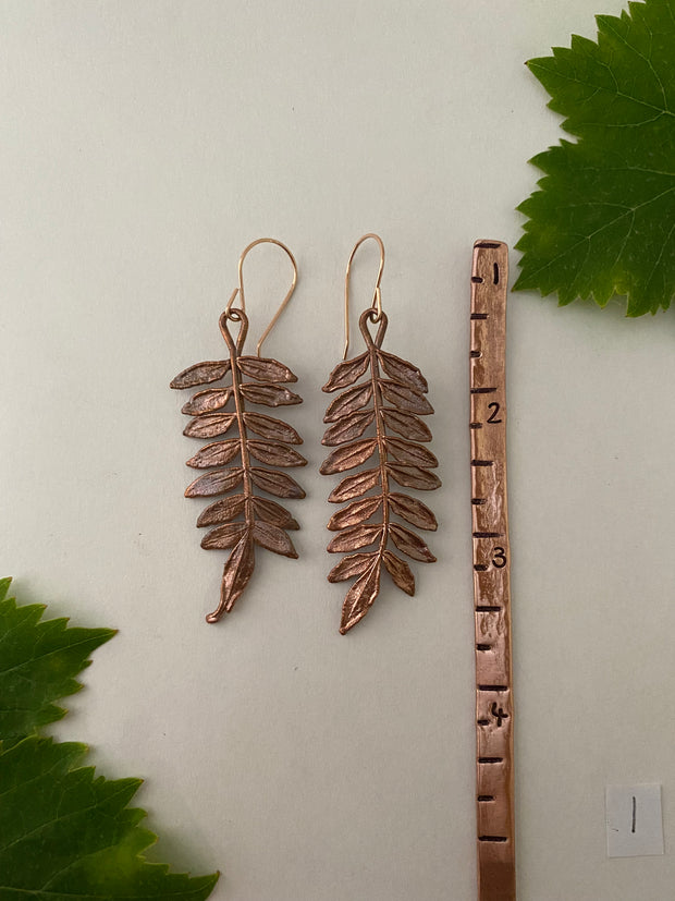 recycled copper electroformed jacaranda mimosafolia leaf earrings simple wealth art made in usa