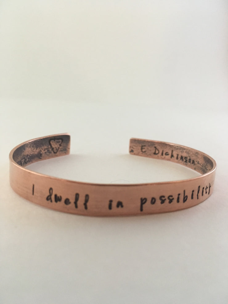 I dwell in possibility Recycled Copper mantra cuff upcycled plumbing pipe affirmation bracelet