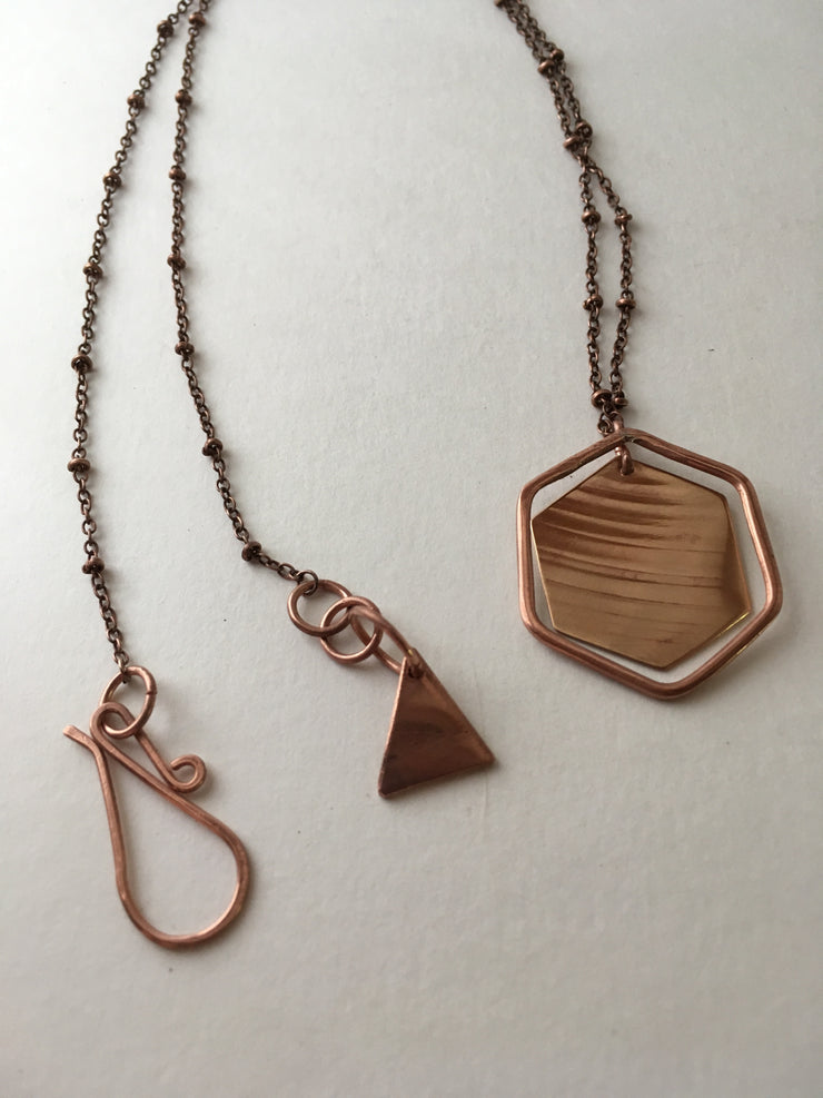 recycled copper upcycled brass drum cymbal double hexagon necklace simple wealth