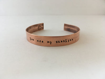 you are my sunshine recycled copper affirmation cuff mantra bracelet