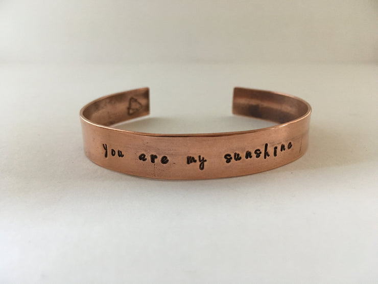 you are my sunshine recycled copper affirmation cuff mantra bracelet