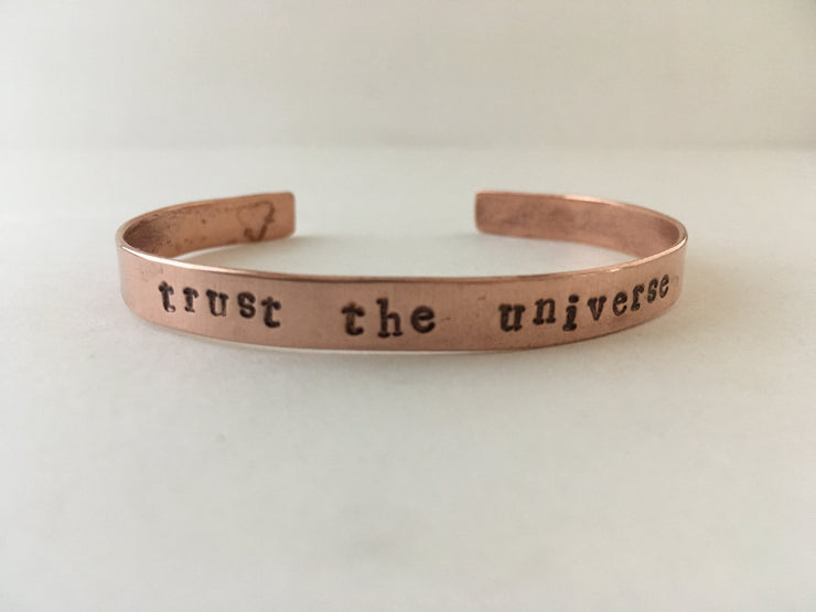 trust the universe recycled copper affirmation cuff mantra bracelet