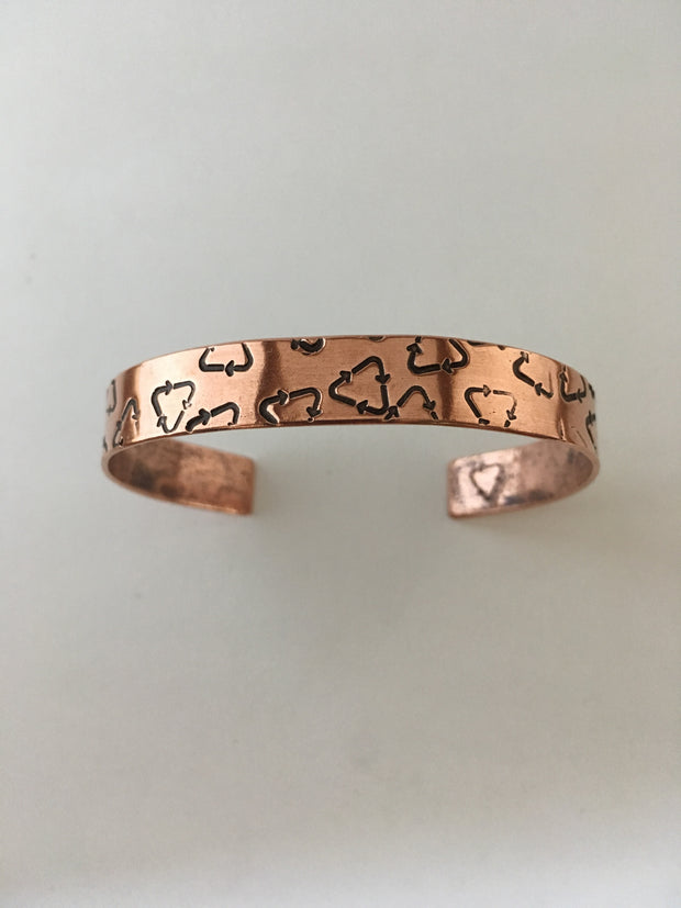 recycle symbol recycled copper affirmation cuff mantra bracelet