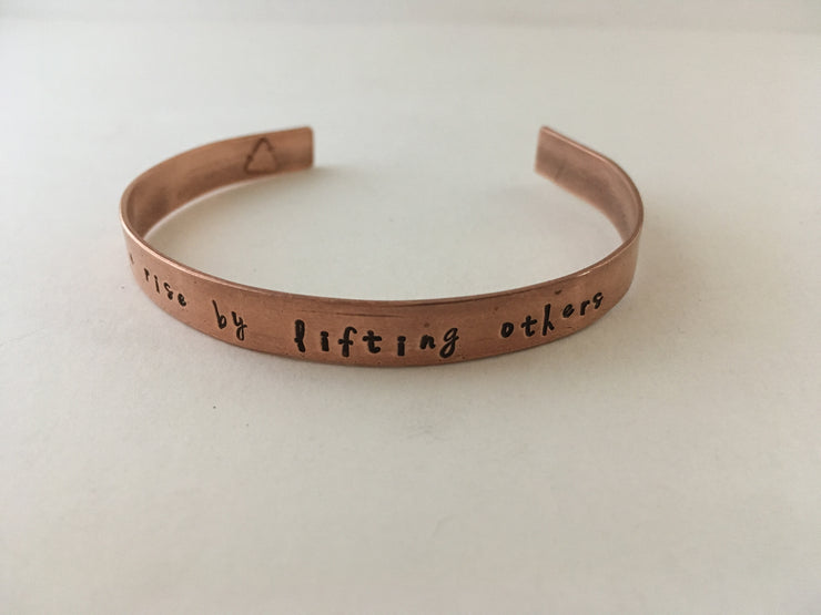 we rise by lifting others recycled copper affirmation cuff mantra bracelet