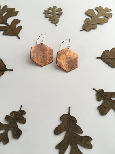 copper hexagon recycled pipe earrings upcycle simple wealth art