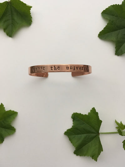 trust the universe recycled copper affirmation cuff mantra band made in usa simple wealth art
