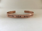 trust the universe recycled copper affirmation cuff mantra bracelet