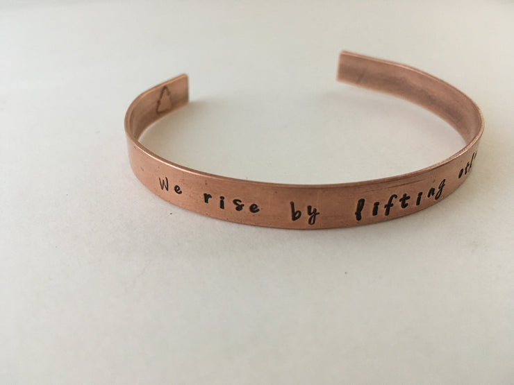 we rise by lifting others recycled copper affirmation cuff mantra bracelet