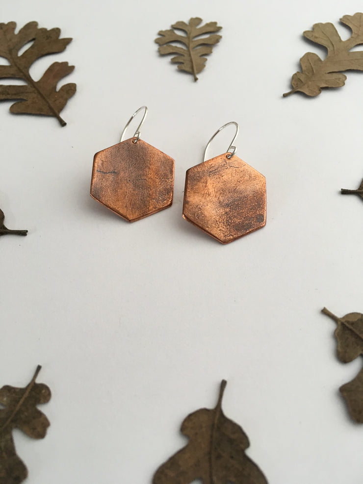 copper hexagon recycled pipe earrings upcycle simple wealth art