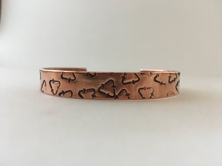 recycle symbol recycled copper affirmation cuff mantra bracelet