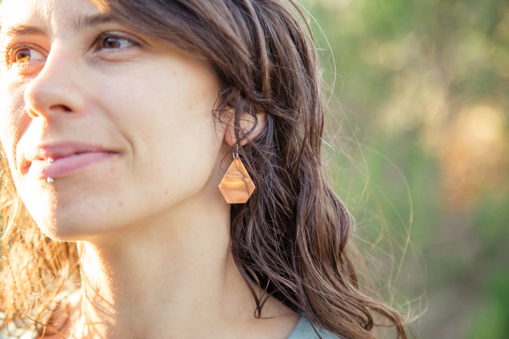 drum cymbal pentagon shaped brass earrings recycled metal simple wealth art