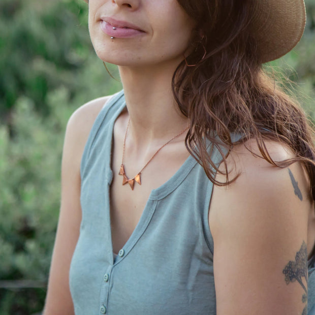 copper and brass triangle necklace simple wealth art recycled metals